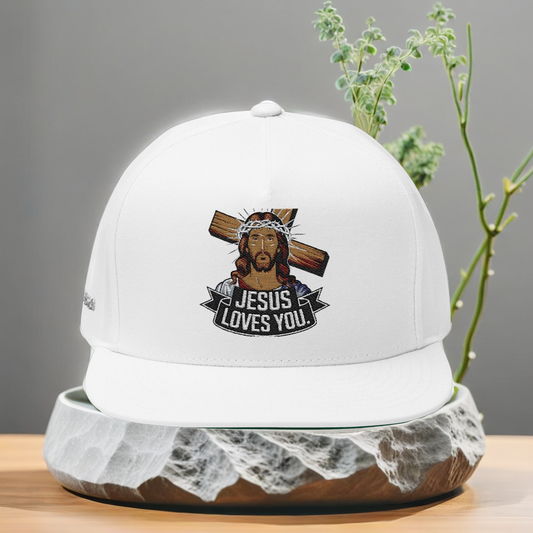 Jesus Loves You flat bill cap by Divine Faith Armor™, embroidered Christian snapback hat, black five-panel streetwear cap with faith-based message White cap with 'Jesus Loves You' design on a gray background