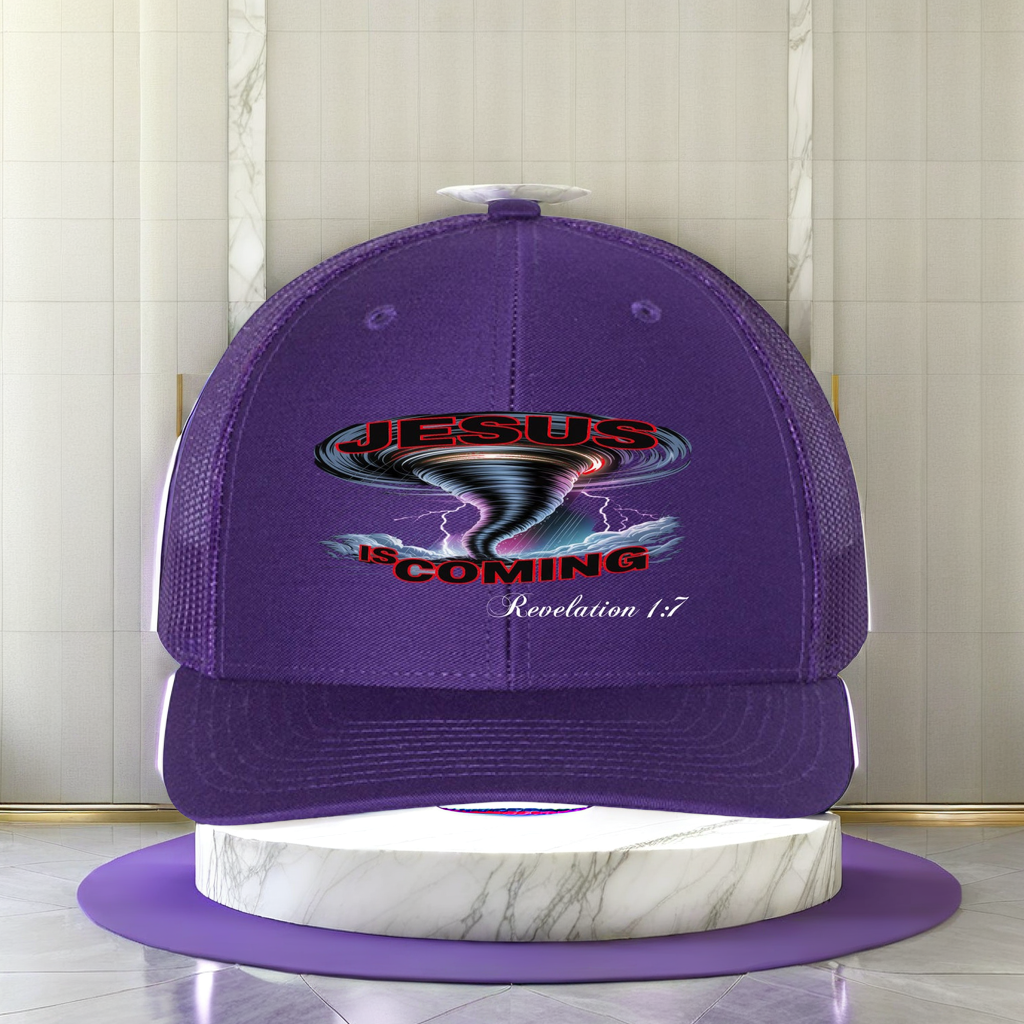 Purple cap with 'Jesus is Coming' text on a marble stand against a light-colored wall. bold lettering, faith-based apparel from Divine Faith Armor™