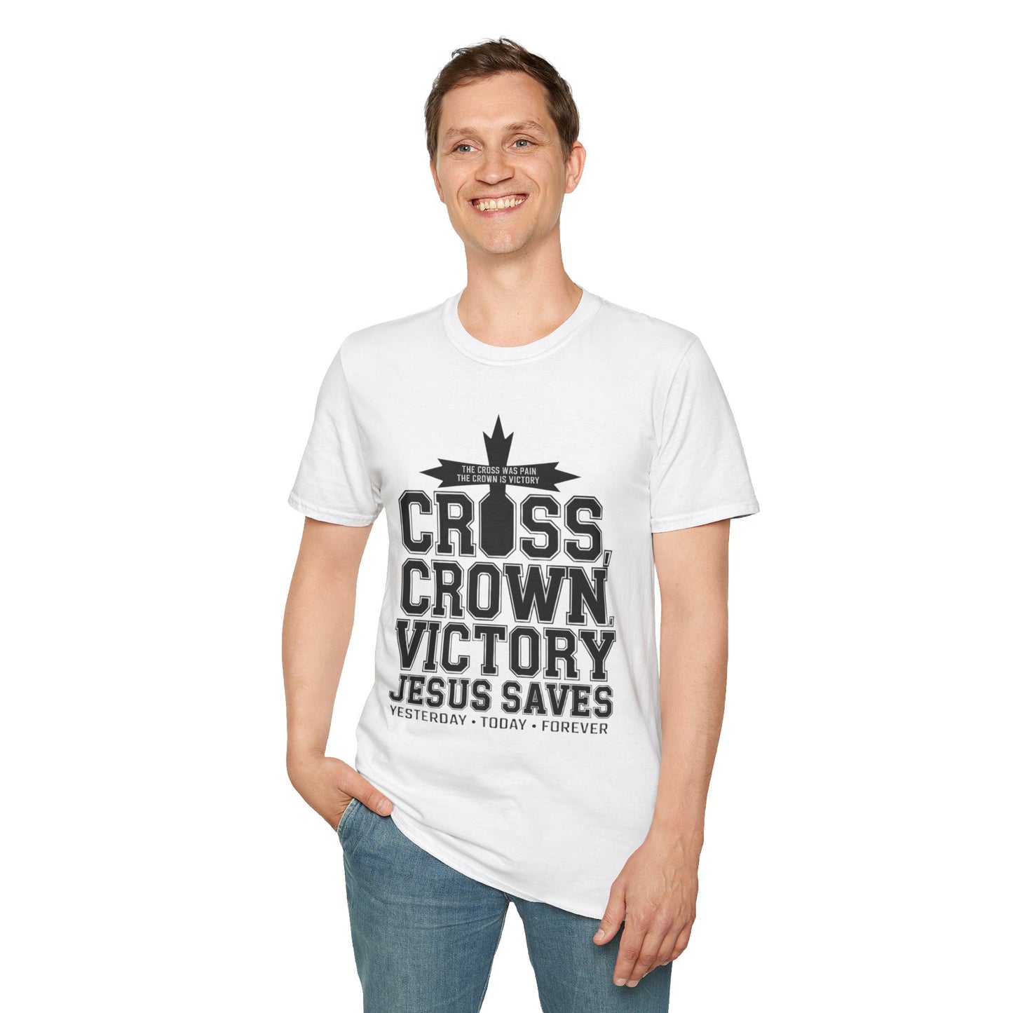 Christian Cross Crown Victory T-Shirt — "Jesus Saves" Faith Tee