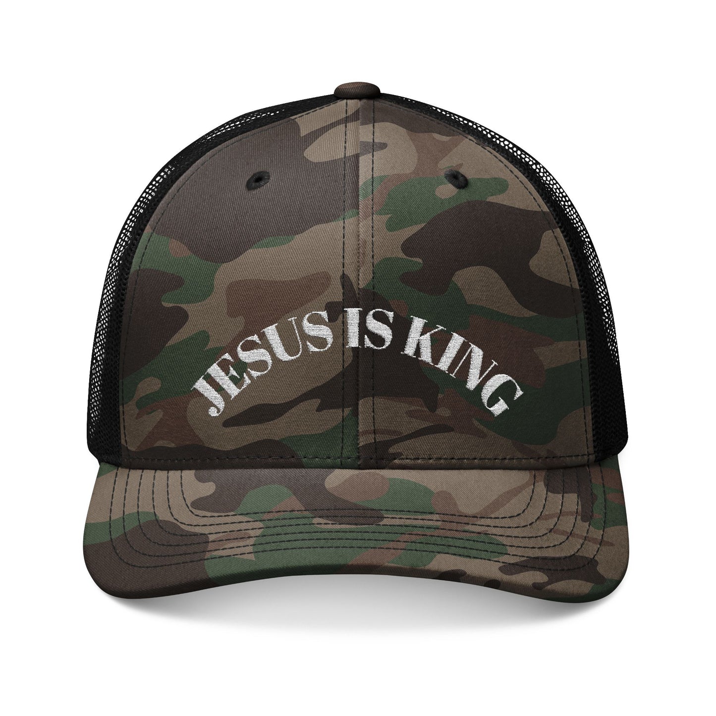 Camo Trucker Hat - Jesus is King Cap, Faith-Based Apparel, Camouflage Hat, Religious Gift, Blessed Fashion Accessory