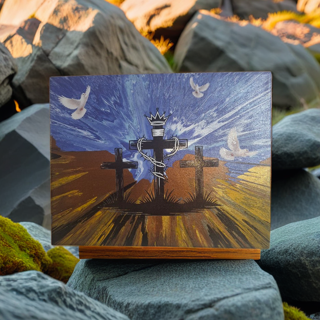 Wooden box with a cross design on a rocky surface
