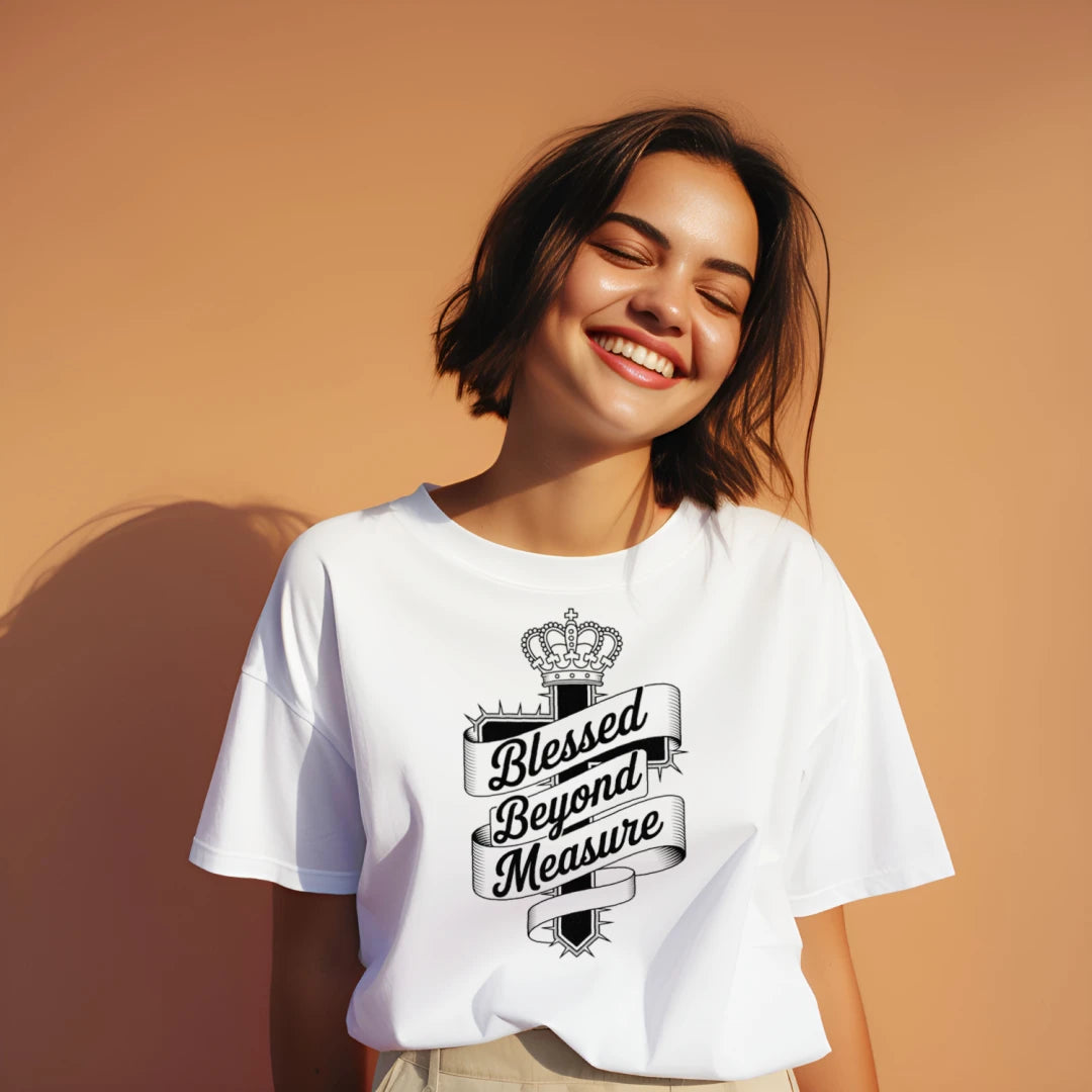 Divine Faith Armor™ Woman is wearing a Blessed Beyond Measure women’s Christian shirt – soft inspirational faith-based tee for worship, church, or everyday wear.lifestyle