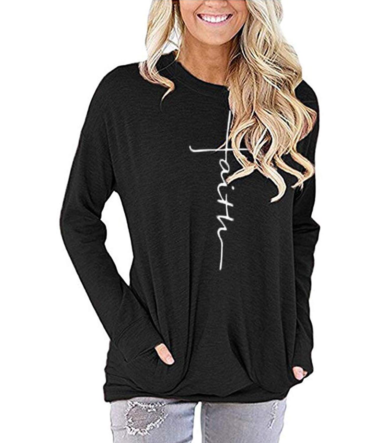 Mansy Women's Faith Sweatshirt Loose Fit Long Sleeve Crewneck Christian Letter Print Tunic Tops with Pocket (Black, XXL)