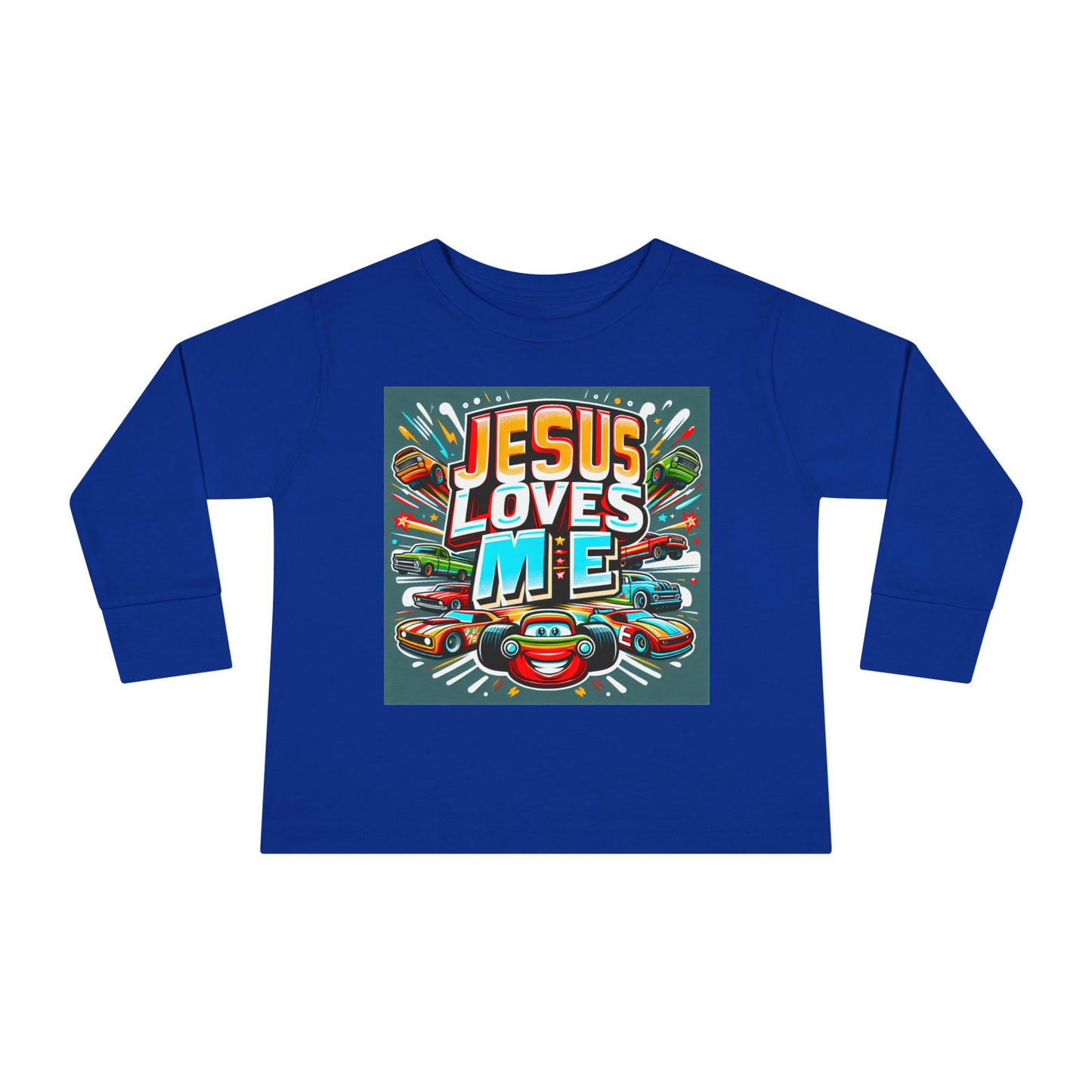 Jesus Loves Me Toddler Long Sleeve Tee Cars Design Personalized Back, Christian Kids apparel