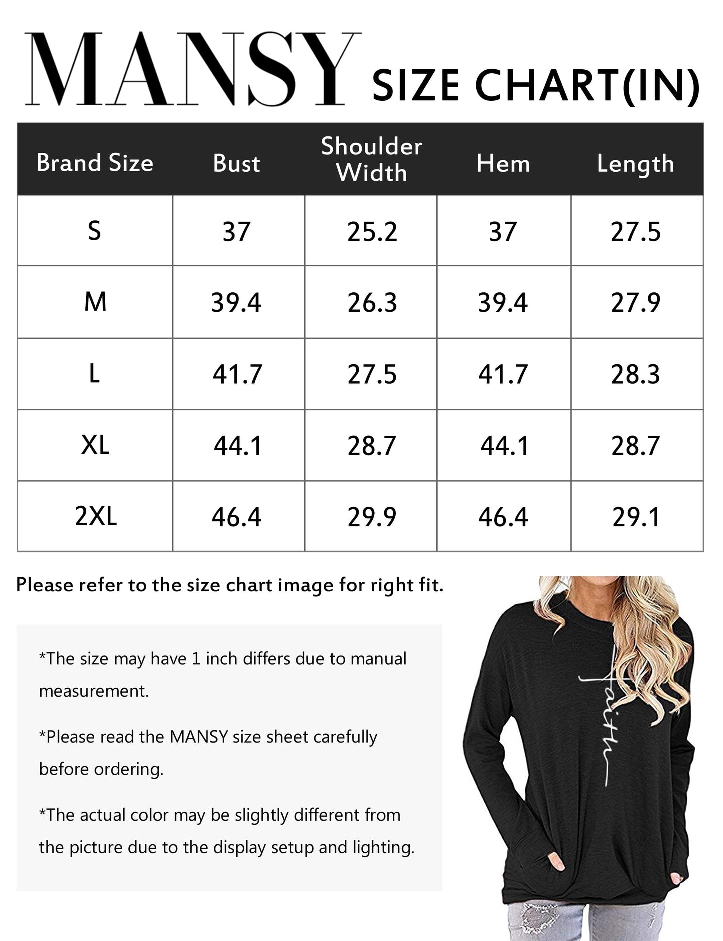 Mansy Women's Faith Sweatshirt Loose Fit Long Sleeve Crewneck Christian Letter Print Tunic Tops with Pocket (Black, XXL)