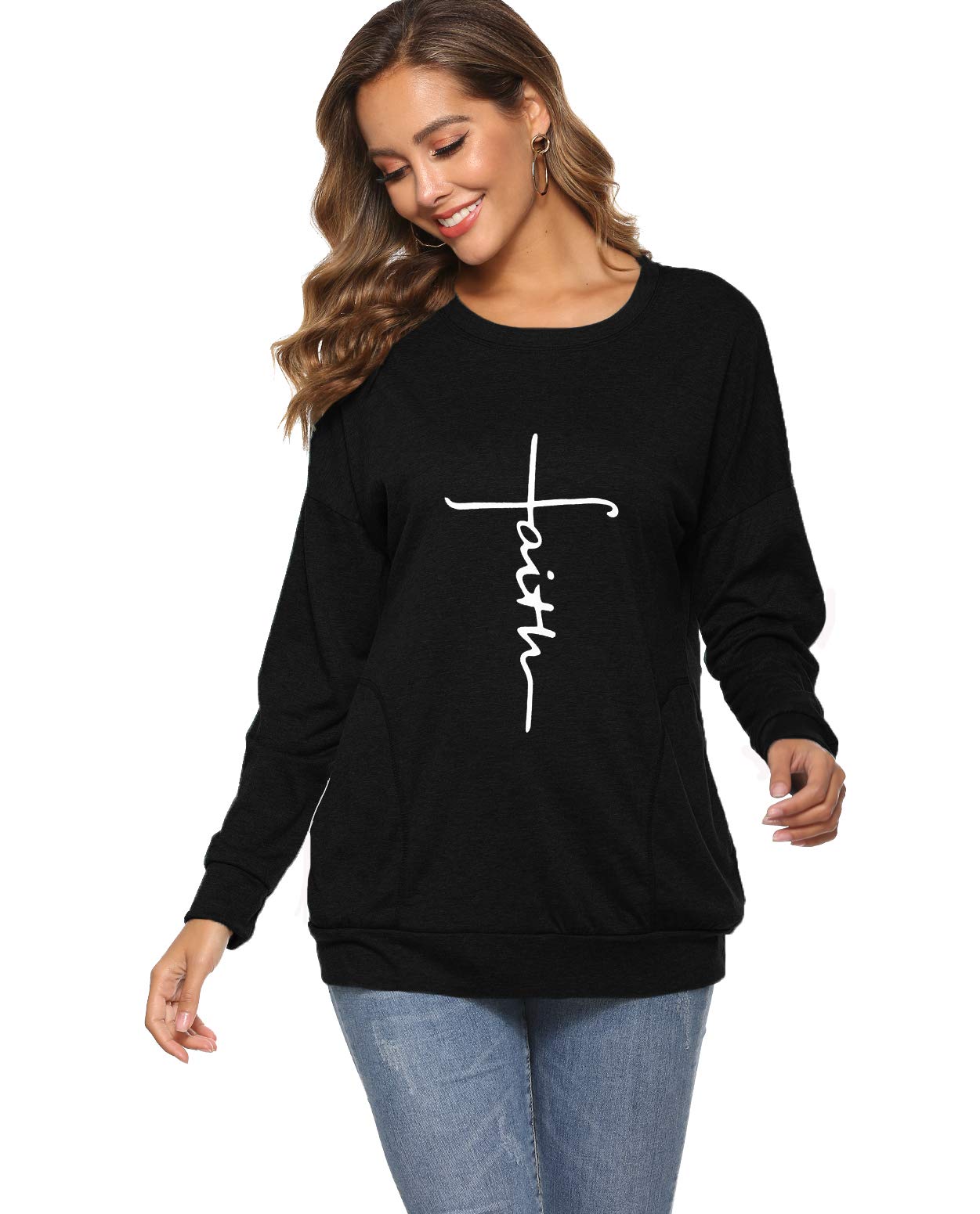 Mansy Women's Faith Sweatshirt Loose Fit Long Sleeve Crewneck Christian Letter Print Tunic Tops with Pocket (Black, XXL)