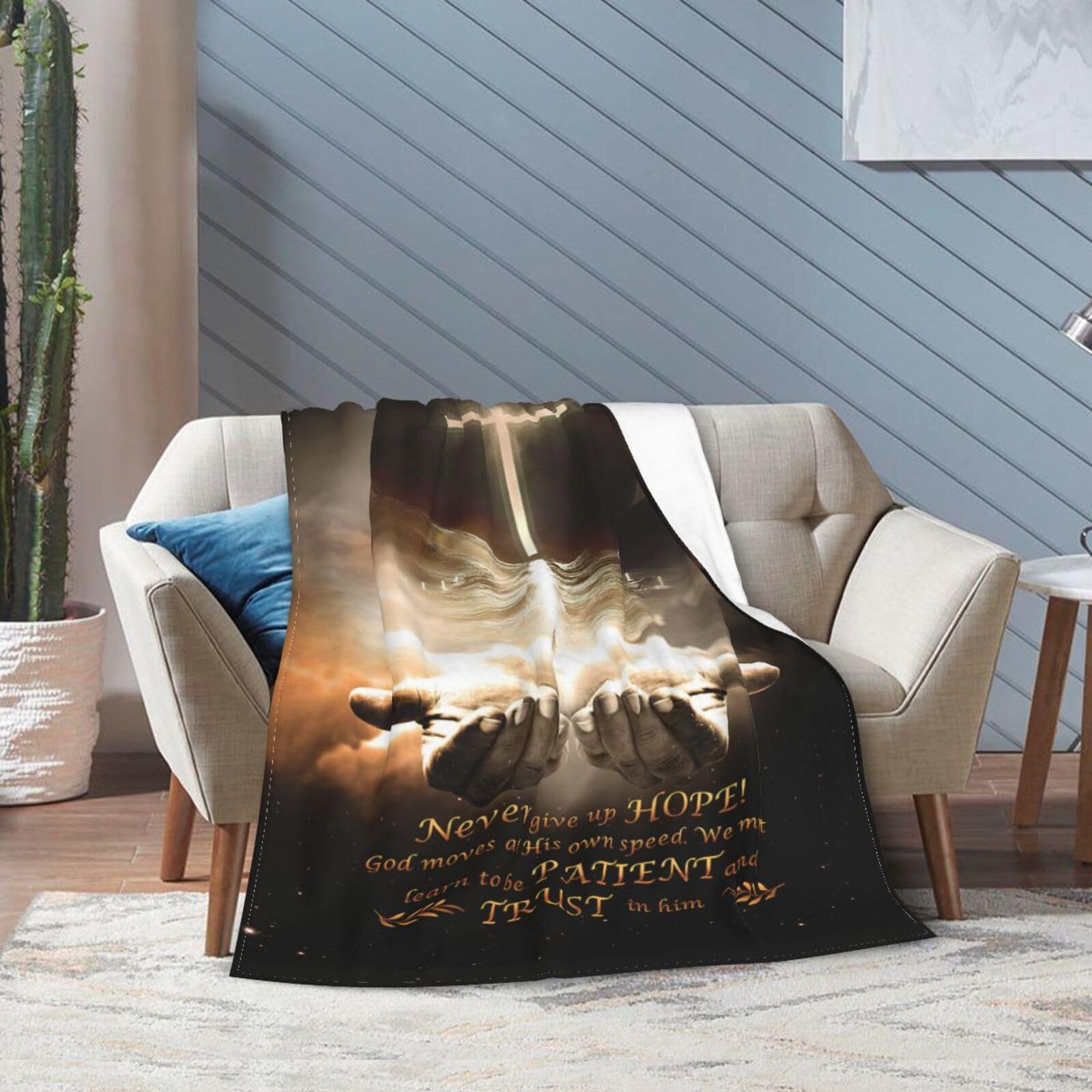 Soft flannel Christian blanket with cross and Hand of God design from Divine Faith Armor™ Collection – faith-inspired home décor, cozy and devotional gift."