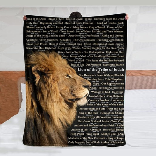 Soft and cozy Christian throw blanket featuring the Names of Christ in elegant script, perfect for gifting, prayer, or home décor. Lightweight, warm, and made of premium microfiber polyester.