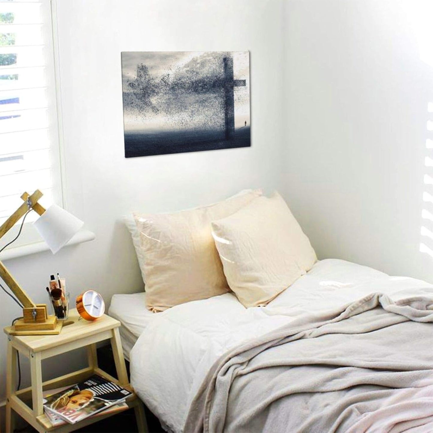 A Cross and Dove Wind Canvas Wall Art Religious Christian Wall Art Faith Paints Creative Artwork Christ Design Poster Canvas Printing for Living Room Decoration Framed Ready to Hang 12X16 Inches