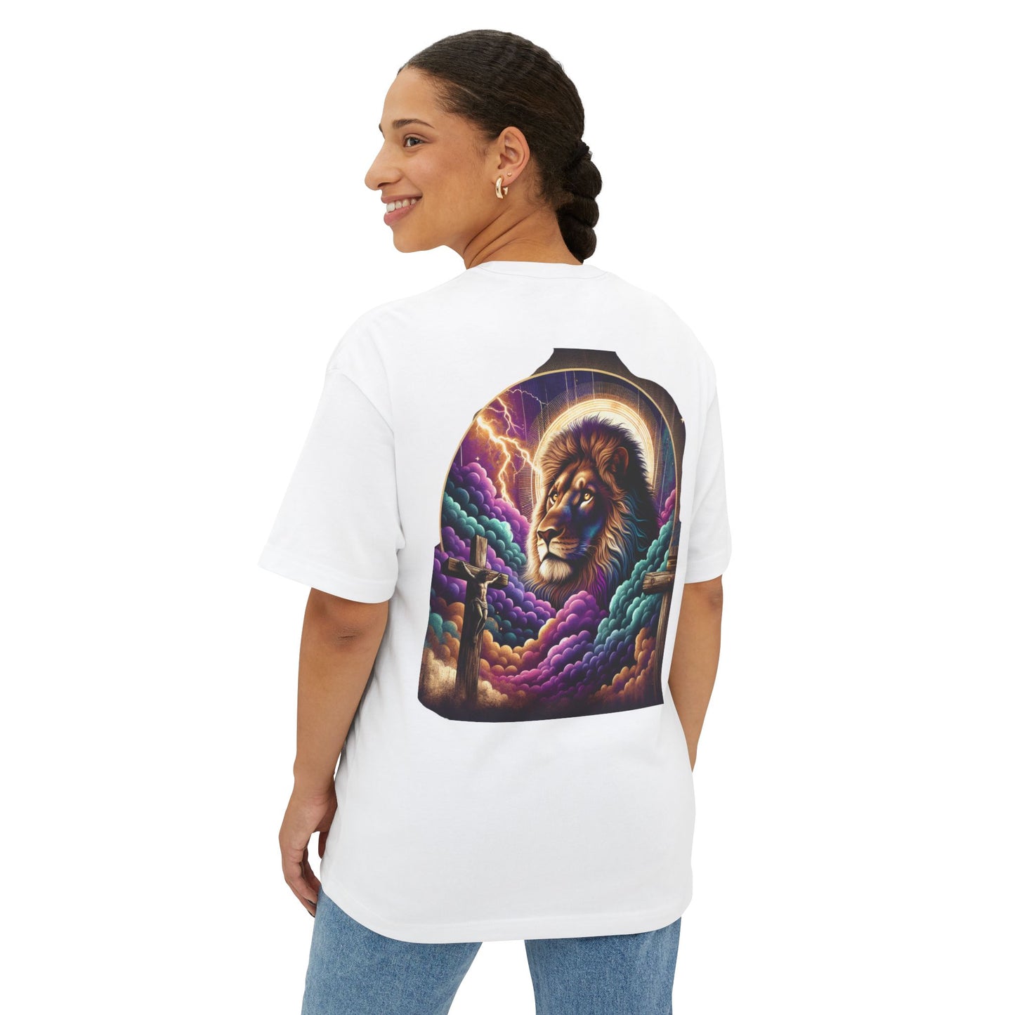 Lion and Cross Oversized Tee Unisex Oversized Boxy Tee, Divine Faith Armor