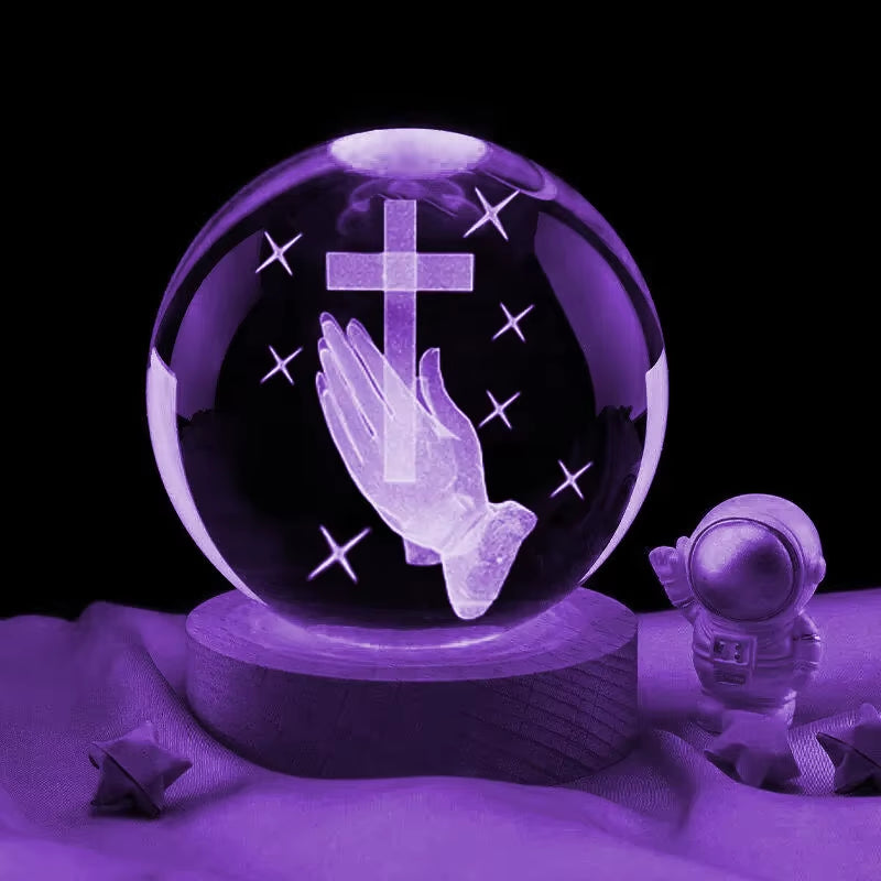 3D Crystal Ball Cross Ln Hand with Multicolor LED Night Light,Praying Hands Gifts for Women Man Christian