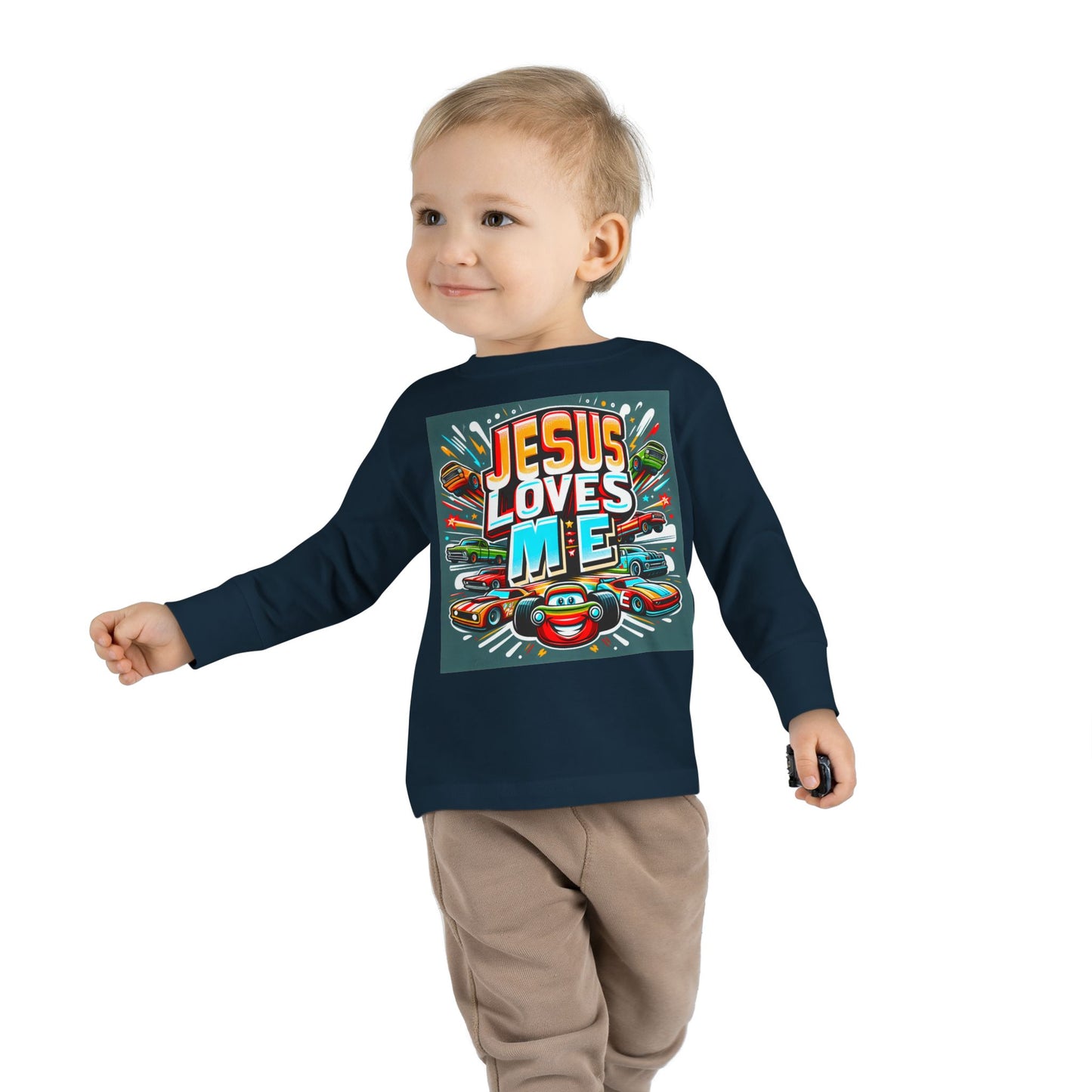 Jesus Loves Me Toddler Long Sleeve Tee Cars Design Personalized Back, Christian Kids apparel