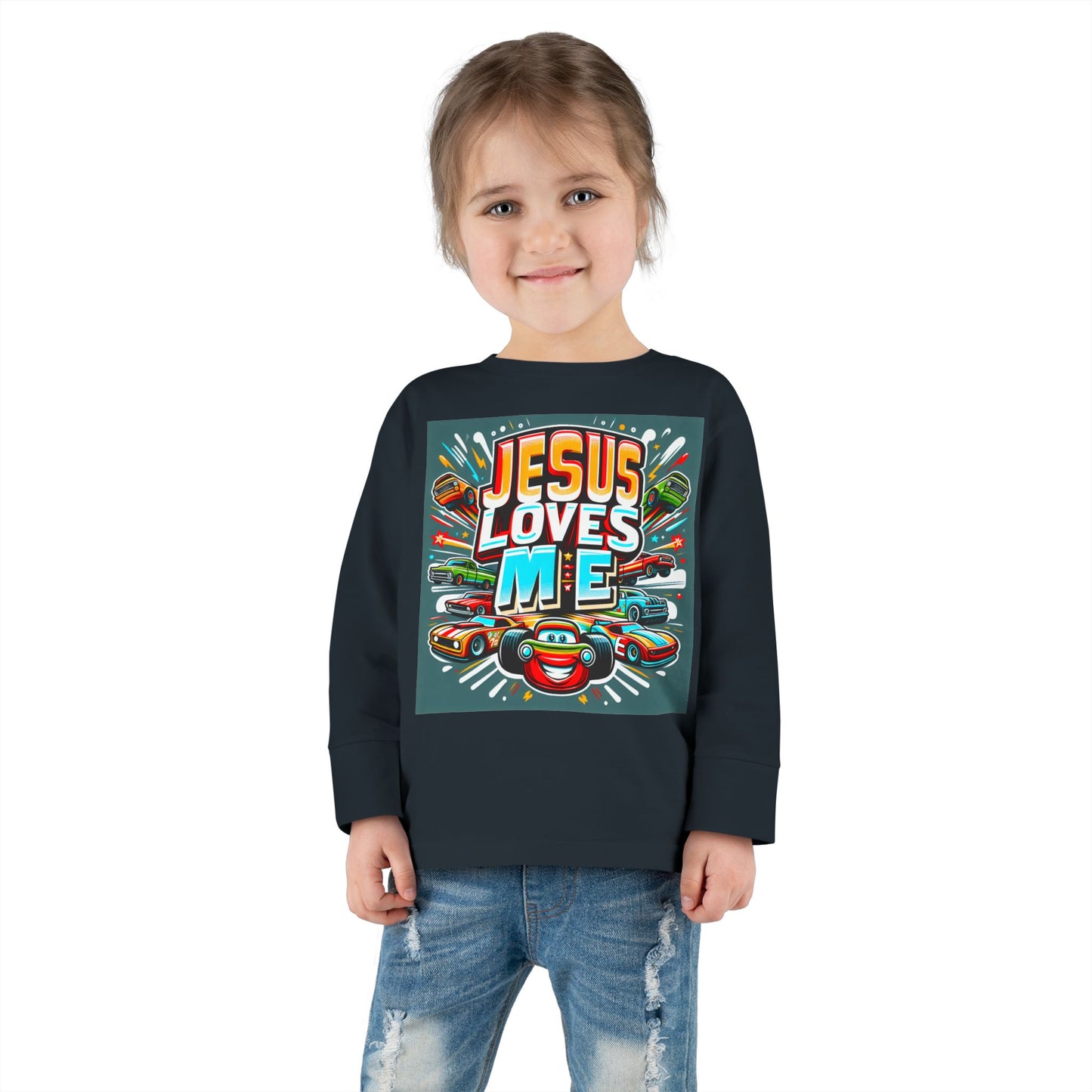 Jesus Loves Me Toddler Long Sleeve Tee Cars Design Personalized Back, Christian Kids apparel