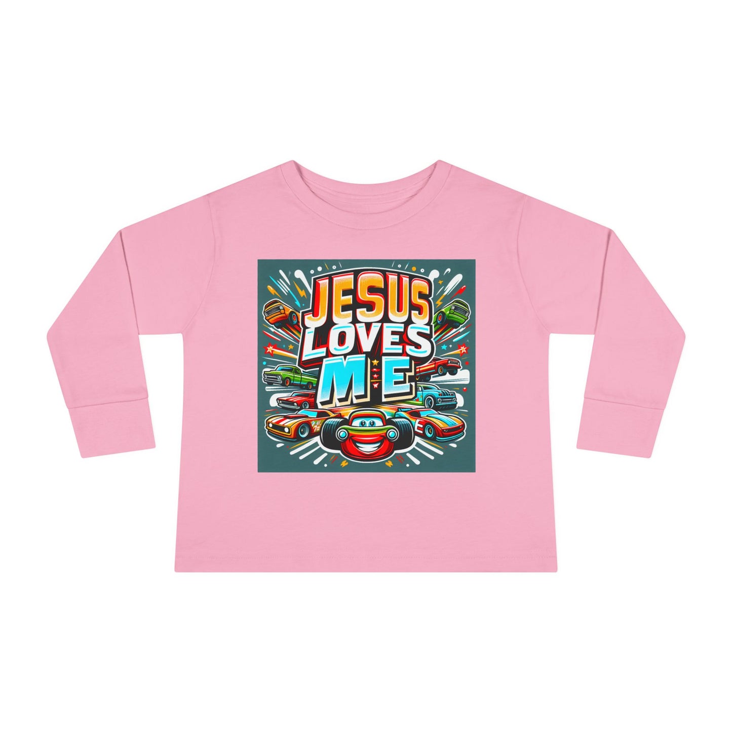 Jesus Loves Me Toddler Long Sleeve Tee Cars Design Personalized Back, Christian Kids apparel