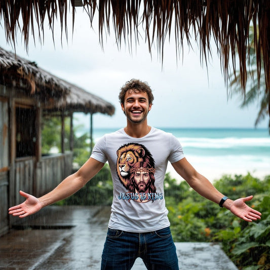 “Divine Faith Armor™ Jesus Is King Lion and Jesus majestic detailed Christian T-shirt” Man wearing a t-shirt with a lion and Jesus design, standing outdoors with a tropical background.