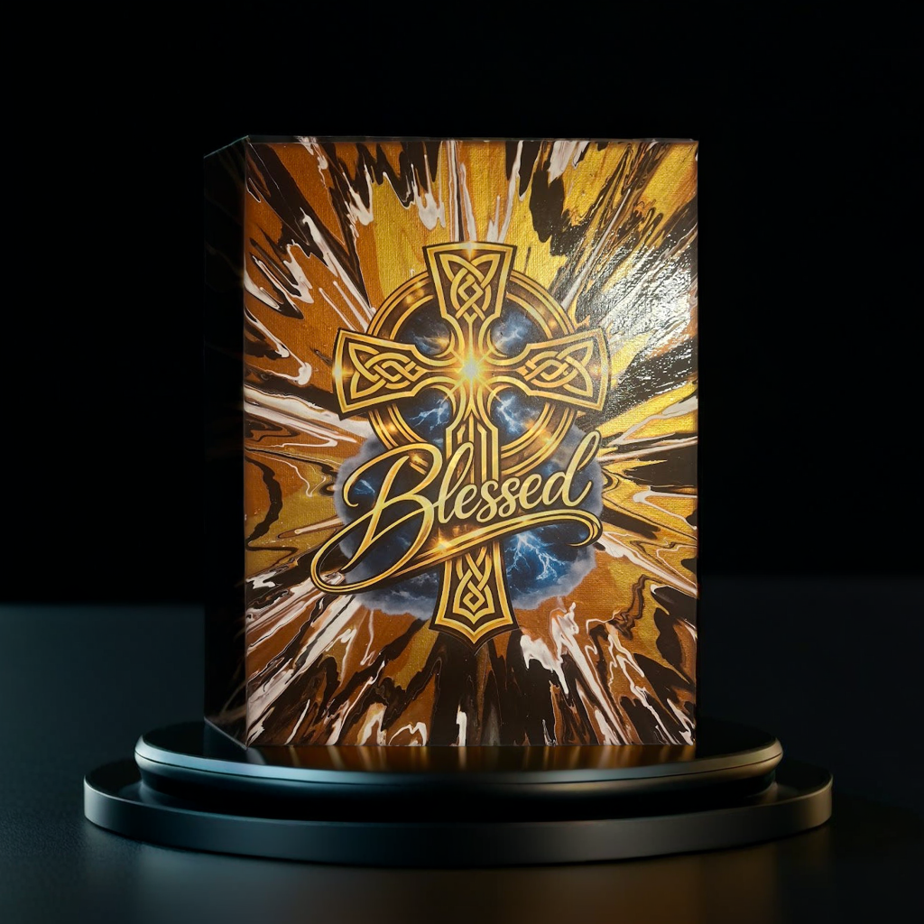 Decorative box with a gold cross and 'Blessed' text on a dark background