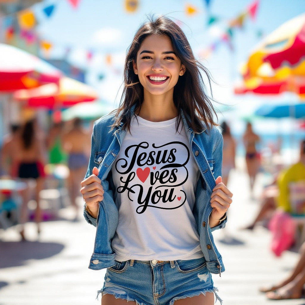 Divine Faith Armor™ Jesus Loves Y❤️U Elegant Script Women’s Christian T-Shirt with heart replacing the “O” in Love Woman wearing a 'Jesus Loves You' t-shirt at a beach with colorful umbrellas in the background.