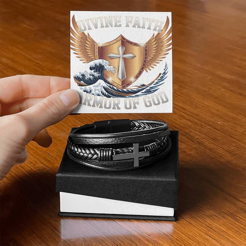 Mens Cross Leather Bracelet Divine Faith Armor