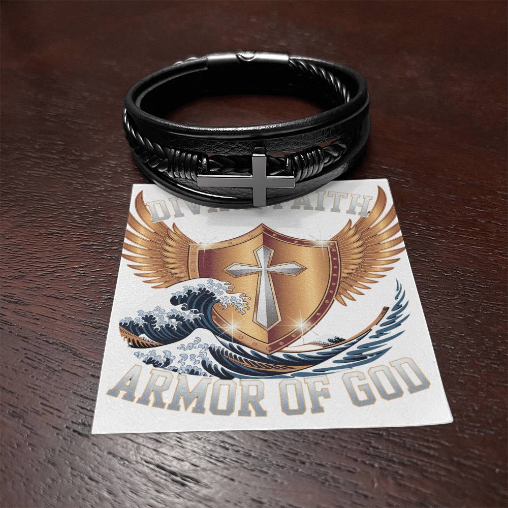 Mens Cross Leather Bracelet Divine Faith Armor