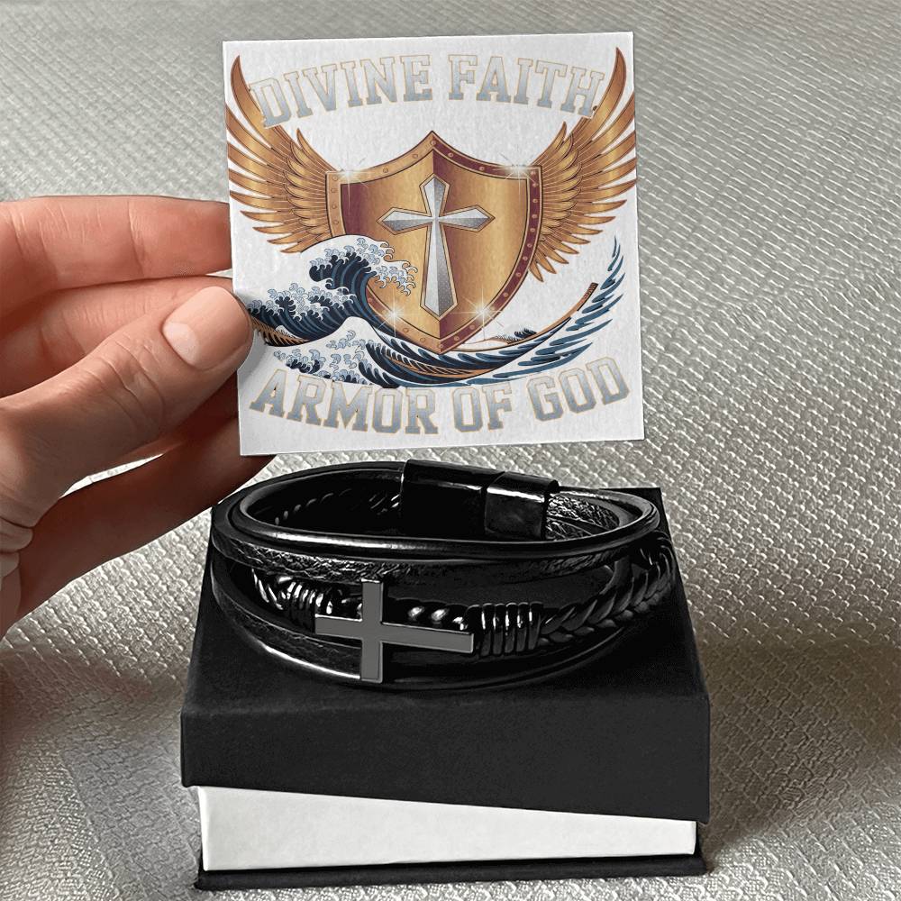 Mens Cross Leather Bracelet Divine Faith Armor
