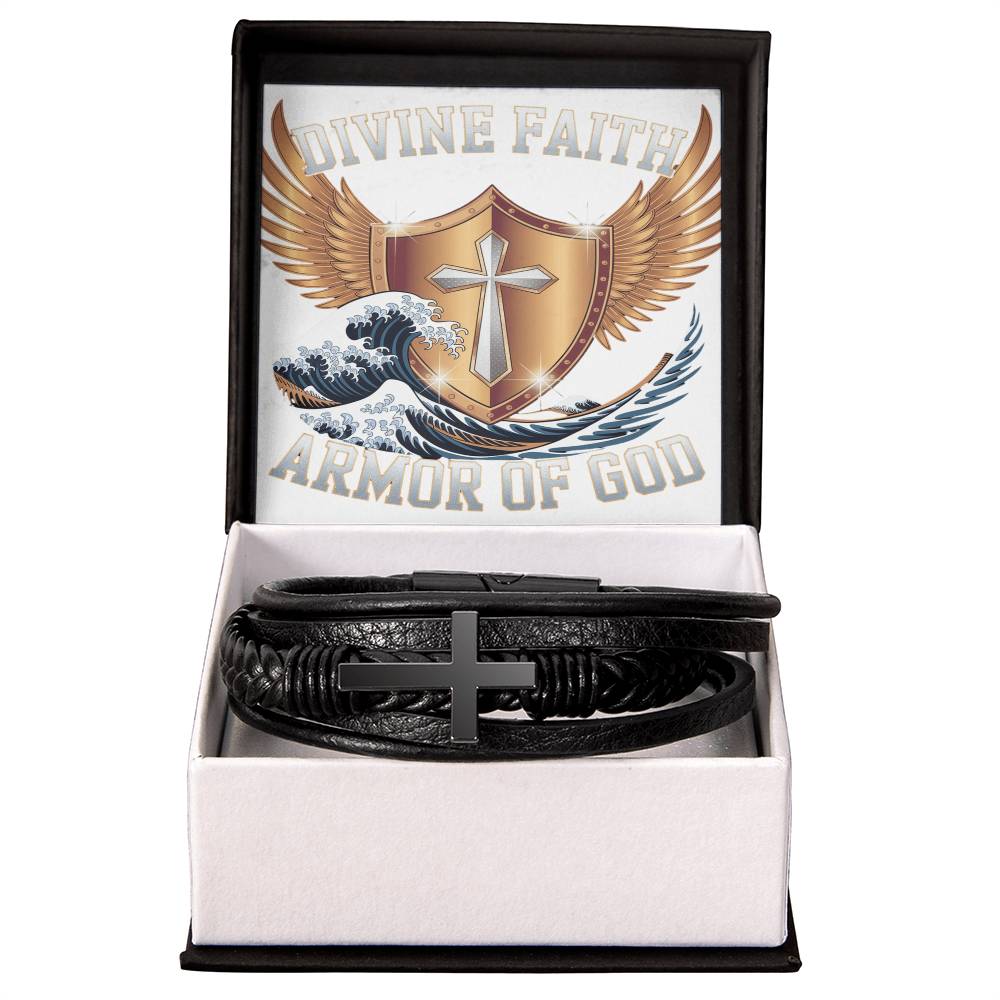 Mens Cross Leather Bracelet Divine Faith Armor