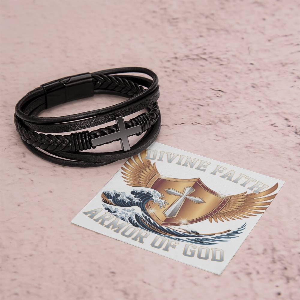 Mens Cross Leather Bracelet Divine Faith Armor