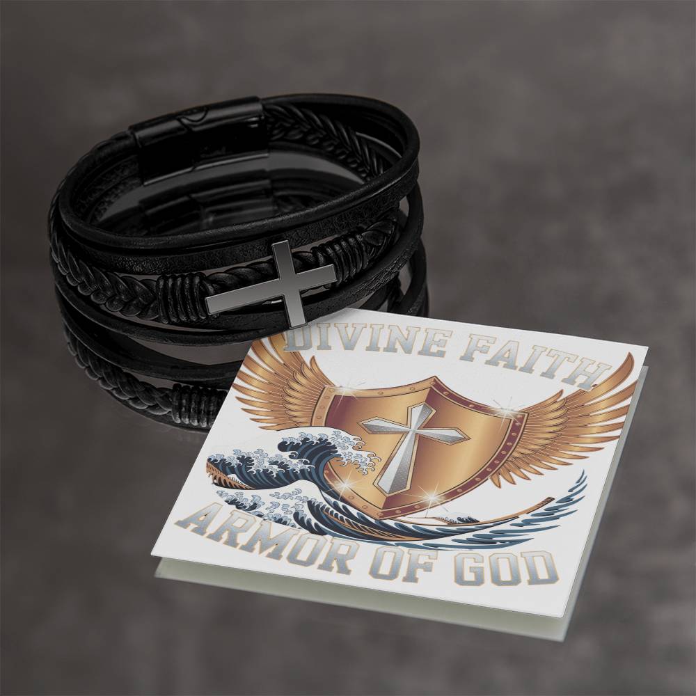 Mens Cross Leather Bracelet Divine Faith Armor