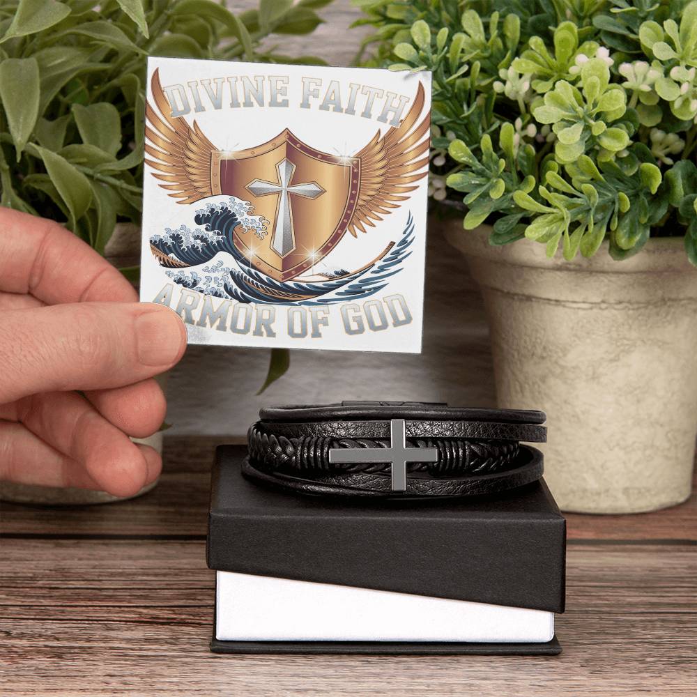 Mens Cross Leather Bracelet Divine Faith Armor