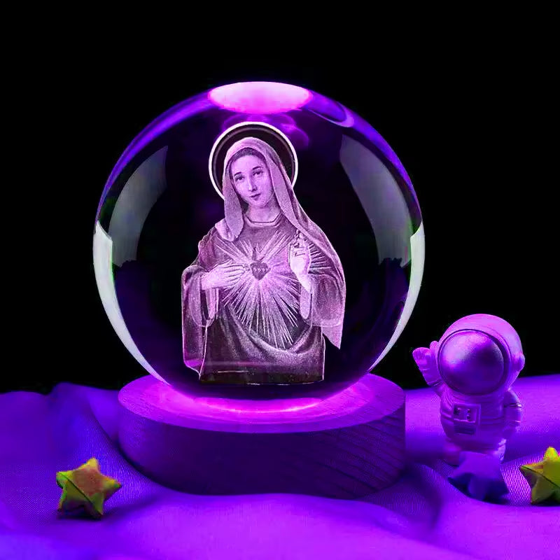 3D Virgin Mary Laser Engrave Crystal Ball Colorful Night Light ,Religious Gifts for Women'S Birthdays, Maria Christmas Decoratio