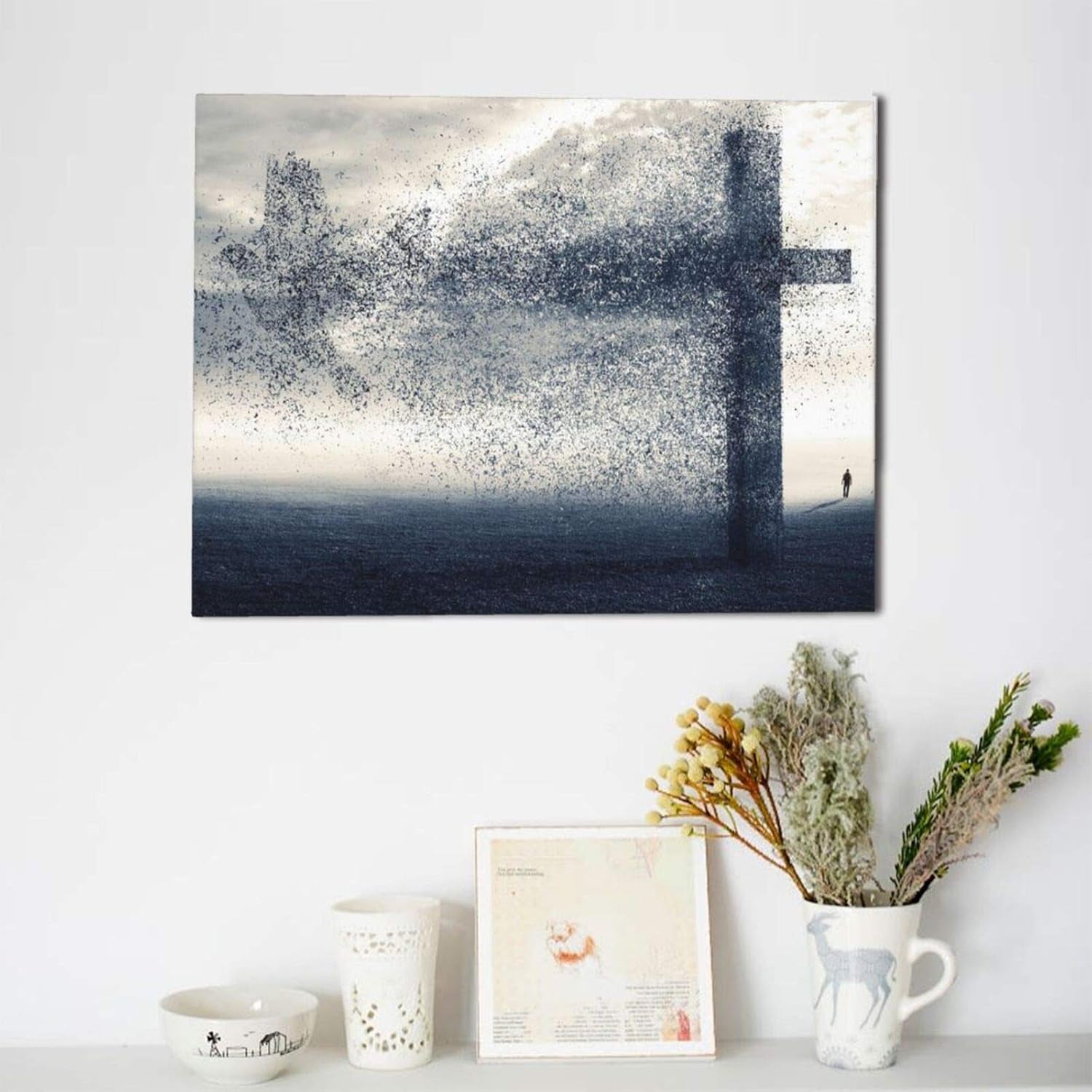 A Cross and Dove Wind Canvas Wall Art Religious Christian Wall Art Faith Paints Creative Artwork Christ Design Poster Canvas Printing for Living Room Decoration Framed Ready to Hang 12X16 Inches