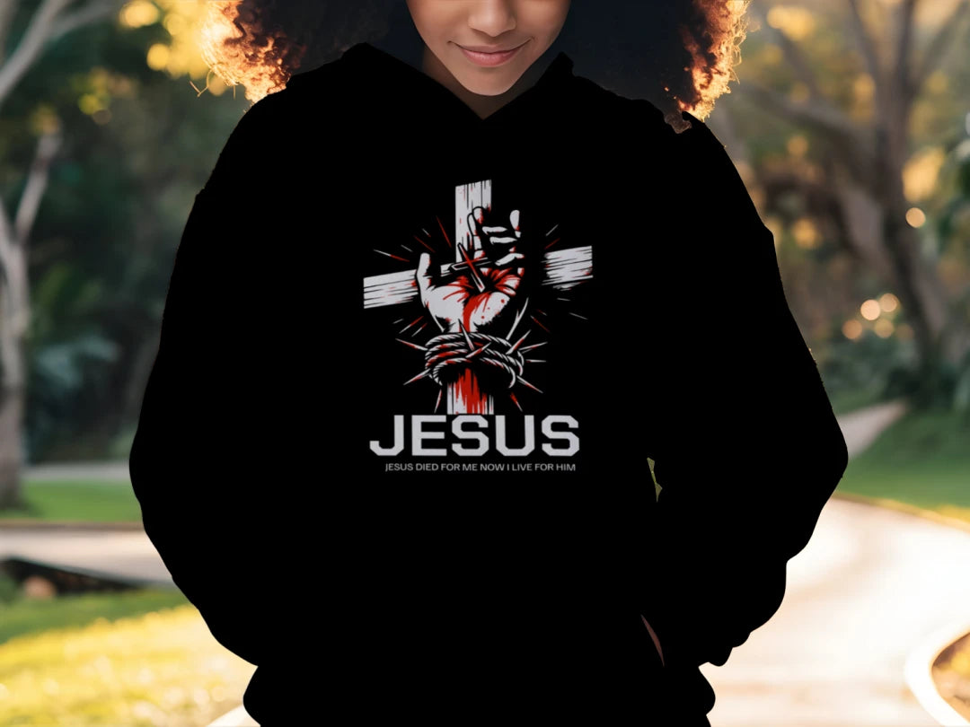 Woman Is wearing a Divine Faith Armor™ Jesus Died for Me Now I Live for Him Christian T-Shirt – inspirational scripture shirt for church, Bible study, or casual wear. lifestyle