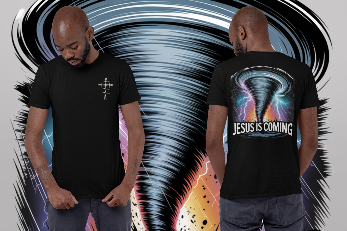 "Front and back view of Divine Faith Armor™ ‘Jesus Is Coming’ Christian T-shirt featuring Revelation 1:7 scripture, bold faith design, and premium Christian apparel style."
