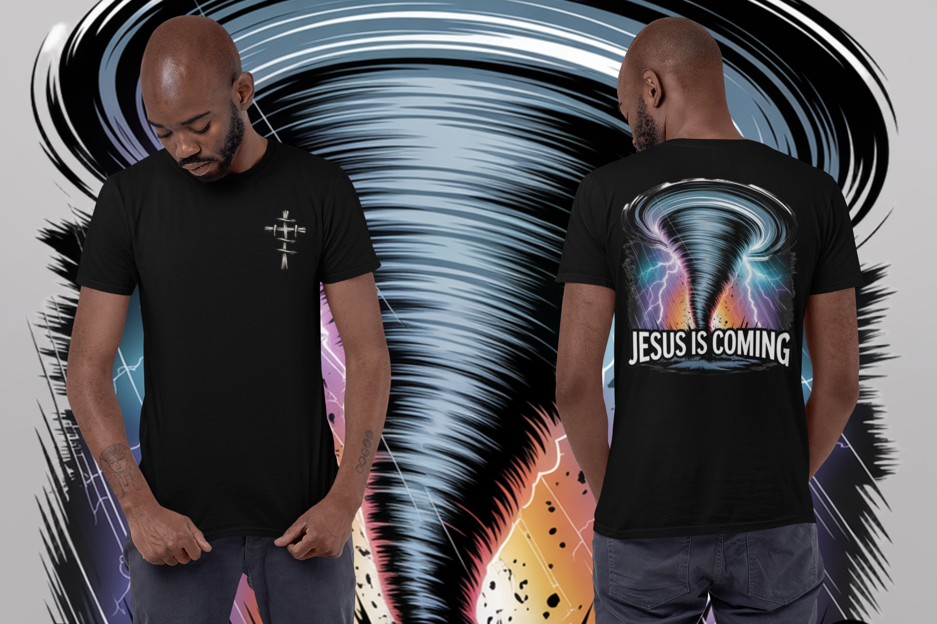"Front and back view of Divine Faith Armor™ ‘Jesus Is Coming’ Christian T-shirt featuring Revelation 1:7 scripture, bold faith design, and premium Christian apparel style."
