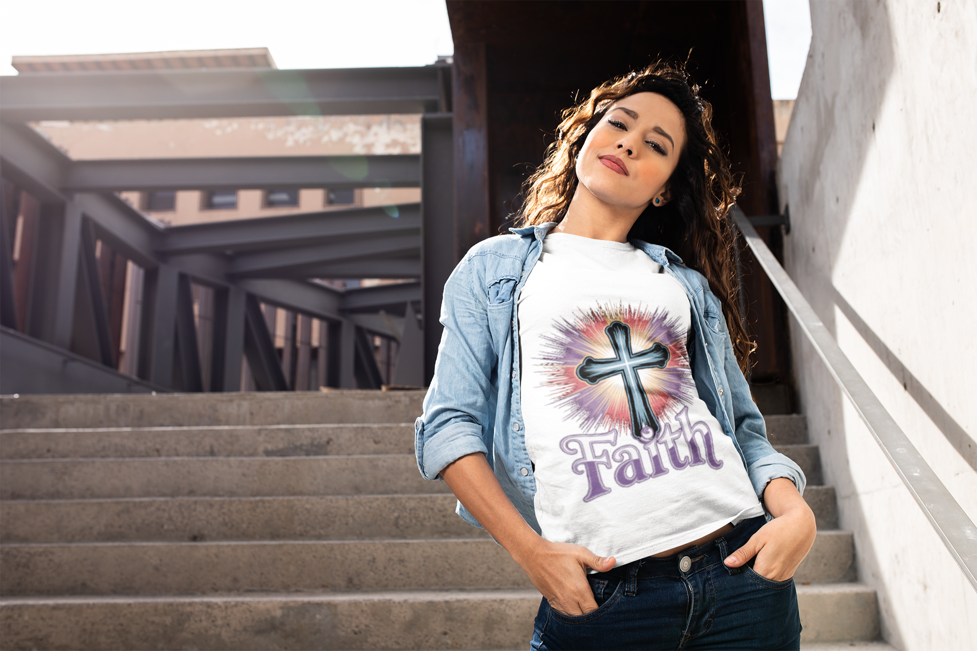 Divine Faith Armor faith Christian T-shirt, inspirational religious graphic tee, Christian apparel for men and women, church event faith T-shirt, Bible study T-shirt, casual Christian shirt, meaningful faith-based gift tee, stylish Christian clothing, uplifting scripture shirt Woman wearing a t-shirt with a cross and 'Faith' text on stairs