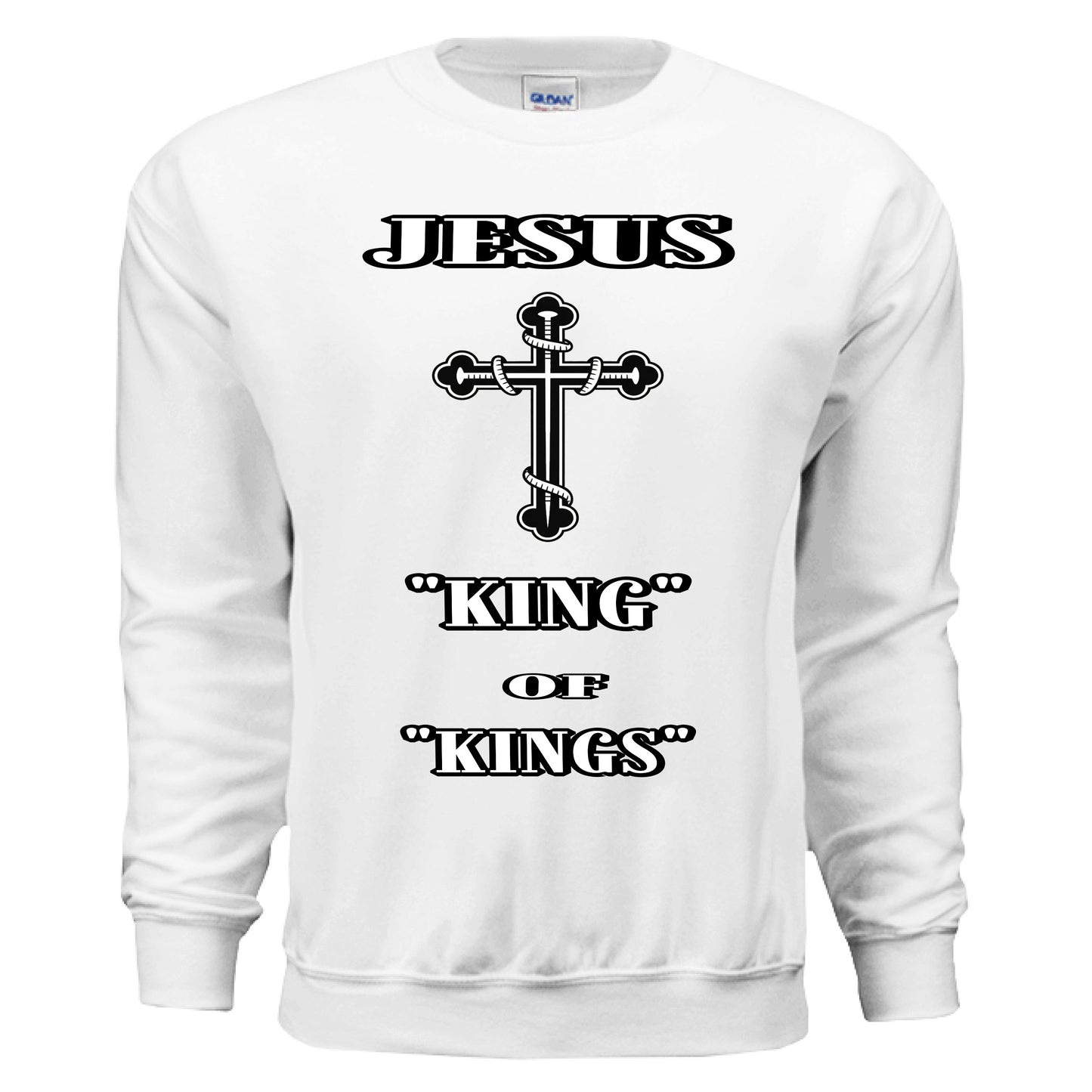 Jesus Is King of Kings Crewneck Sweatshirt – Christian apparel by Divine Faith Armor™ WHITE - FRONT
