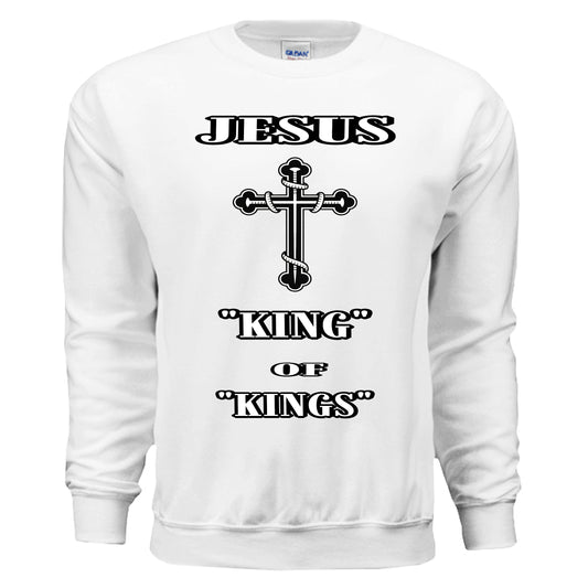Jesus Is King of Kings Crewneck Sweatshirt – Christian apparel by Divine Faith Armor™ WHITE - FRONT