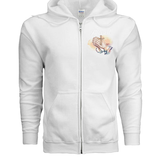 Blessed Praying Hands Full-Zip Hoodie – Christian faith-based apparel by Divine Faith Armor™ WHITE - FRONT