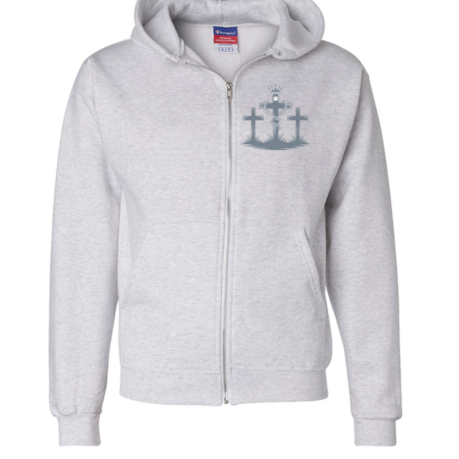 “King of Kings Revelation Sweatjacket – Champion full-zip Christian hoodie with scripture-inspired design – Divine Faith Armor™ ”SILVER GREY - FRONT