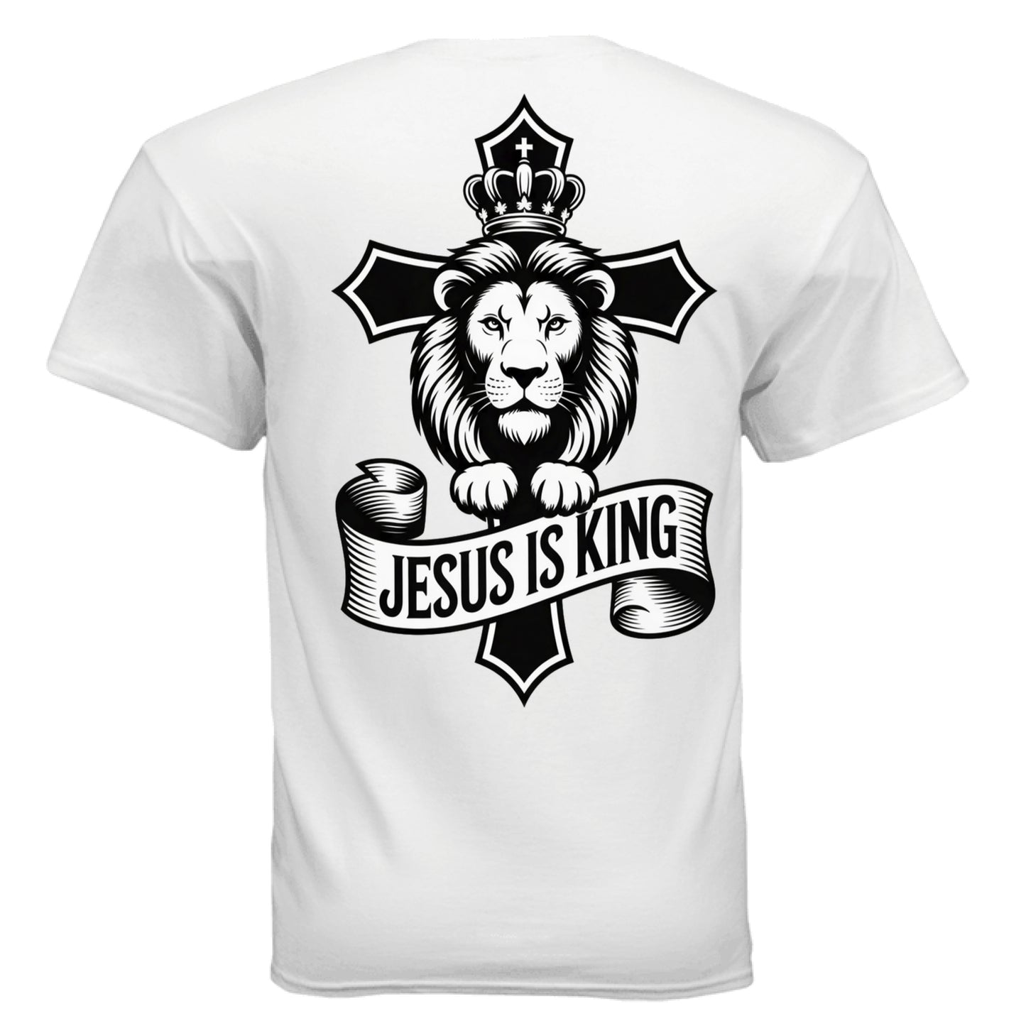 Divine Faith Armor™ Jesus Is King Lion & Cross Christian T-shirt, faith-based apparel, worship tee, inspirational gift WHITE - BACK