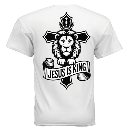 Divine Faith Armor™ Jesus Is King Lion & Cross Christian T-shirt, faith-based apparel, worship tee, inspirational gift WHITE - BACK