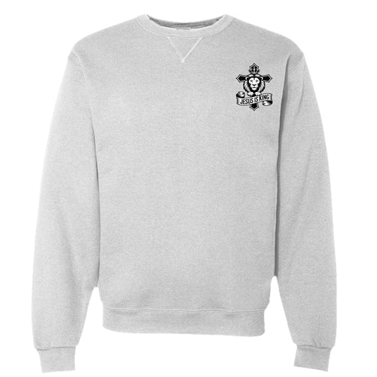 Divine Faith Armor™ Jesus Is King unisex sweatshirt, christian faith apparel, bible verse sweater, inspirational gift WHITE - FRONT
