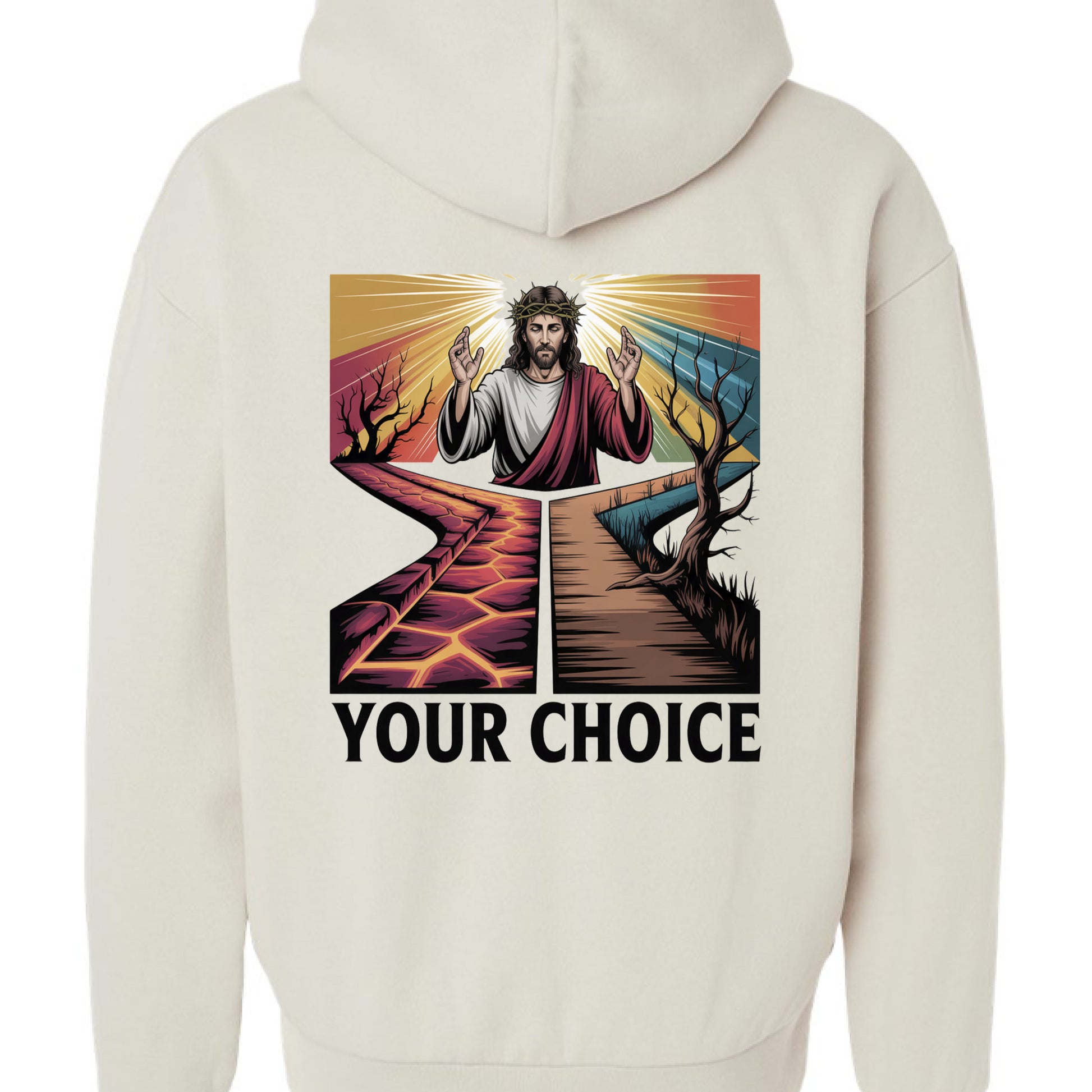 “Divine Faith Armor™ ‘Your Choice’ Christian T-shirt featuring Jesus in radiant light with two paths — one fiery and one dark — bold faith graphic design”