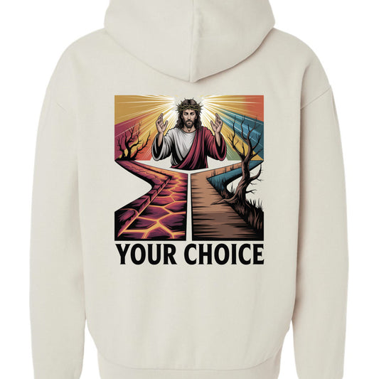 “Divine Faith Armor™ ‘Your Choice’ Christian T-shirt featuring Jesus in radiant light with two paths — one fiery and one dark — bold faith graphic design”