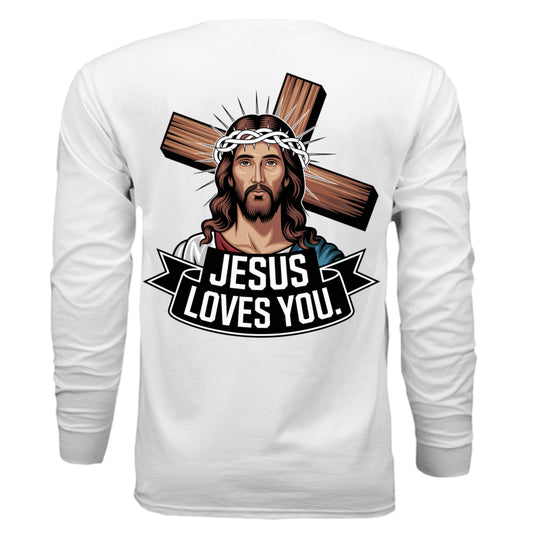 Divine Faith Armor™ Jesus Loves You Shirt featuring Christ with crown of thorns and cross design