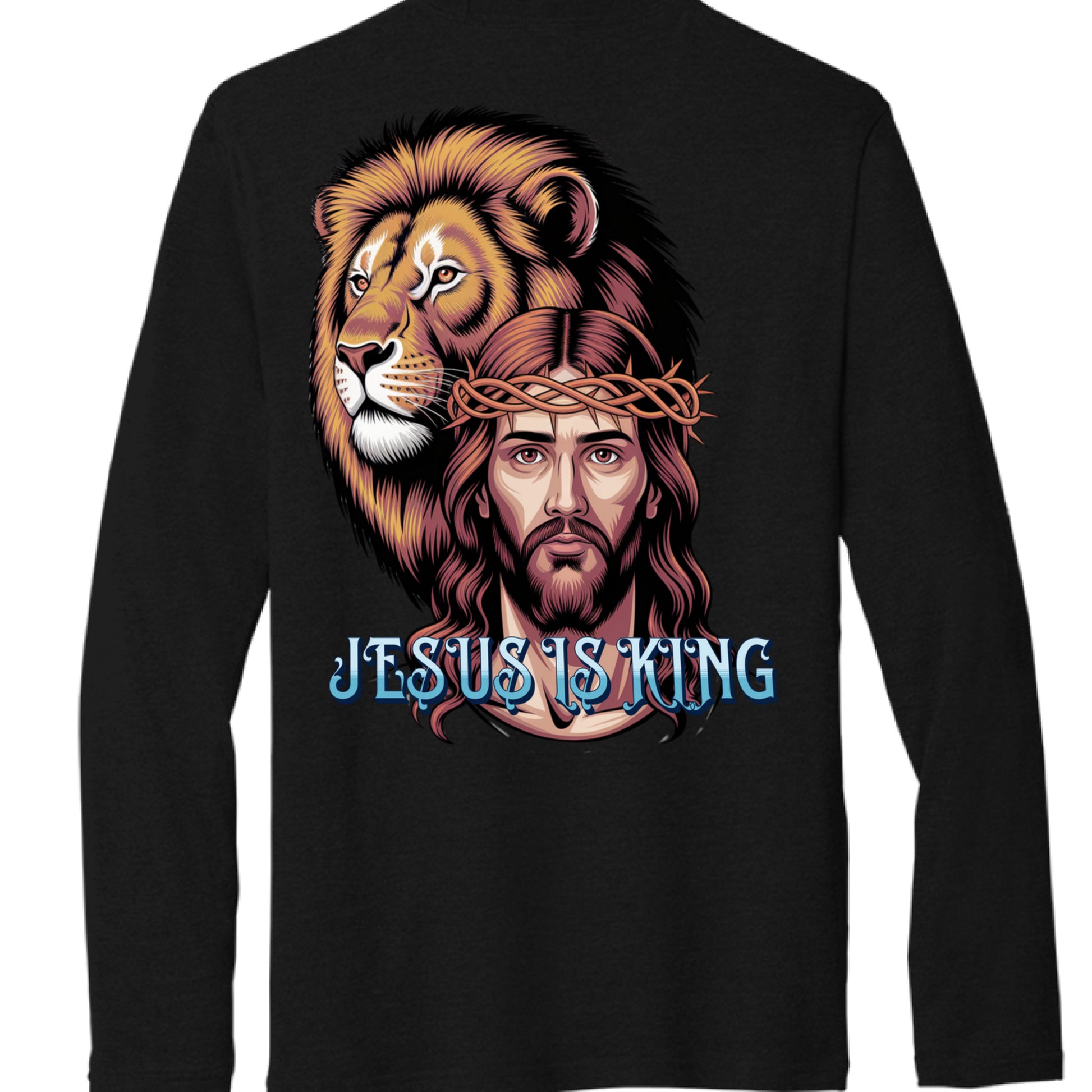 “Divine Faith Armor™ Jesus Is King Lion T-shirt with sunburst design and Revelation 19:13 scripture sleeve” Black - BACK