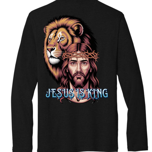 “Divine Faith Armor™ Jesus Is King Lion T-shirt with sunburst design and Revelation 19:13 scripture sleeve” Black - BACK