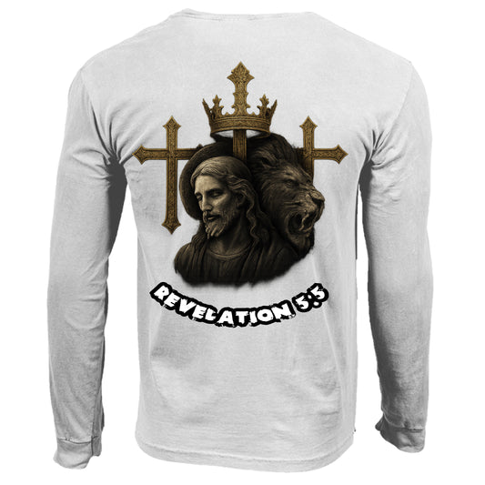 Divine Faith Armor™ Revelation 5:5 Long Sleeve Shirt – Jesus with roaring lion, three golden crosses, crown of triumph, Christian faith graphic tee. WHITE - BACK