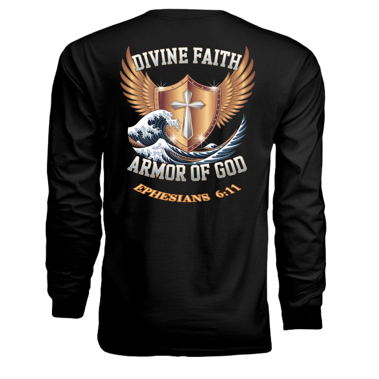 "Divine Faith Armor™ Of God Collection T-Shirt – Christian apparel with metallic cross and angel wings, inspired by Ephesians 6:11. Faith-based clothing for men and women."