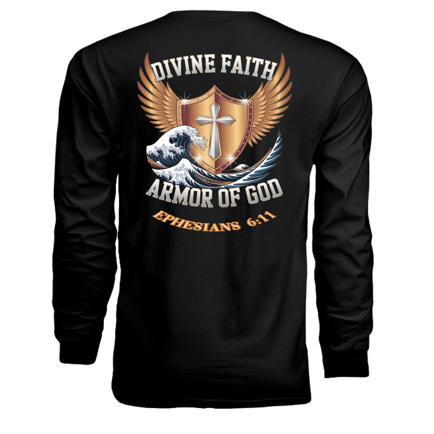 "Divine Faith Armor™ Of God Collection T-Shirt – Christian apparel with metallic cross and angel wings, inspired by Ephesians 6:11. Faith-based clothing for men and women."