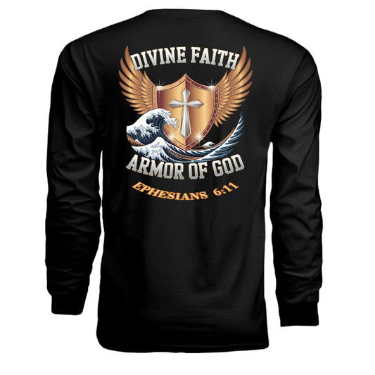 "Divine Faith Armor™ Of God Collection T-Shirt – Christian apparel with metallic cross and angel wings, inspired by Ephesians 6:11. Faith-based clothing for men and women."